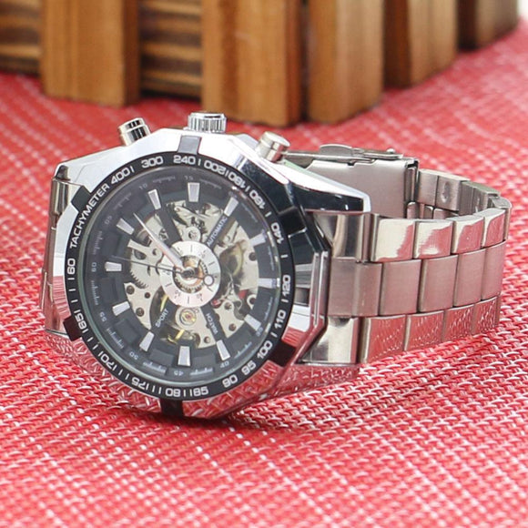 Men's Hollow Skeleton Dial Automatic Mechanical Stainless Steel Band Wrist Watch Mas-culino Fashion Men's Watch Large Dial Milit