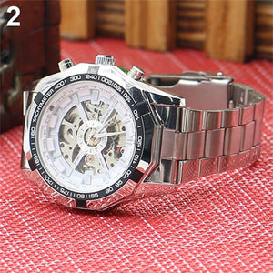 Men's Hollow Skeleton Dial Automatic Mechanical Stainless Steel Band Wrist Watch Mas-culino Fashion Men's Watch Large Dial Milit